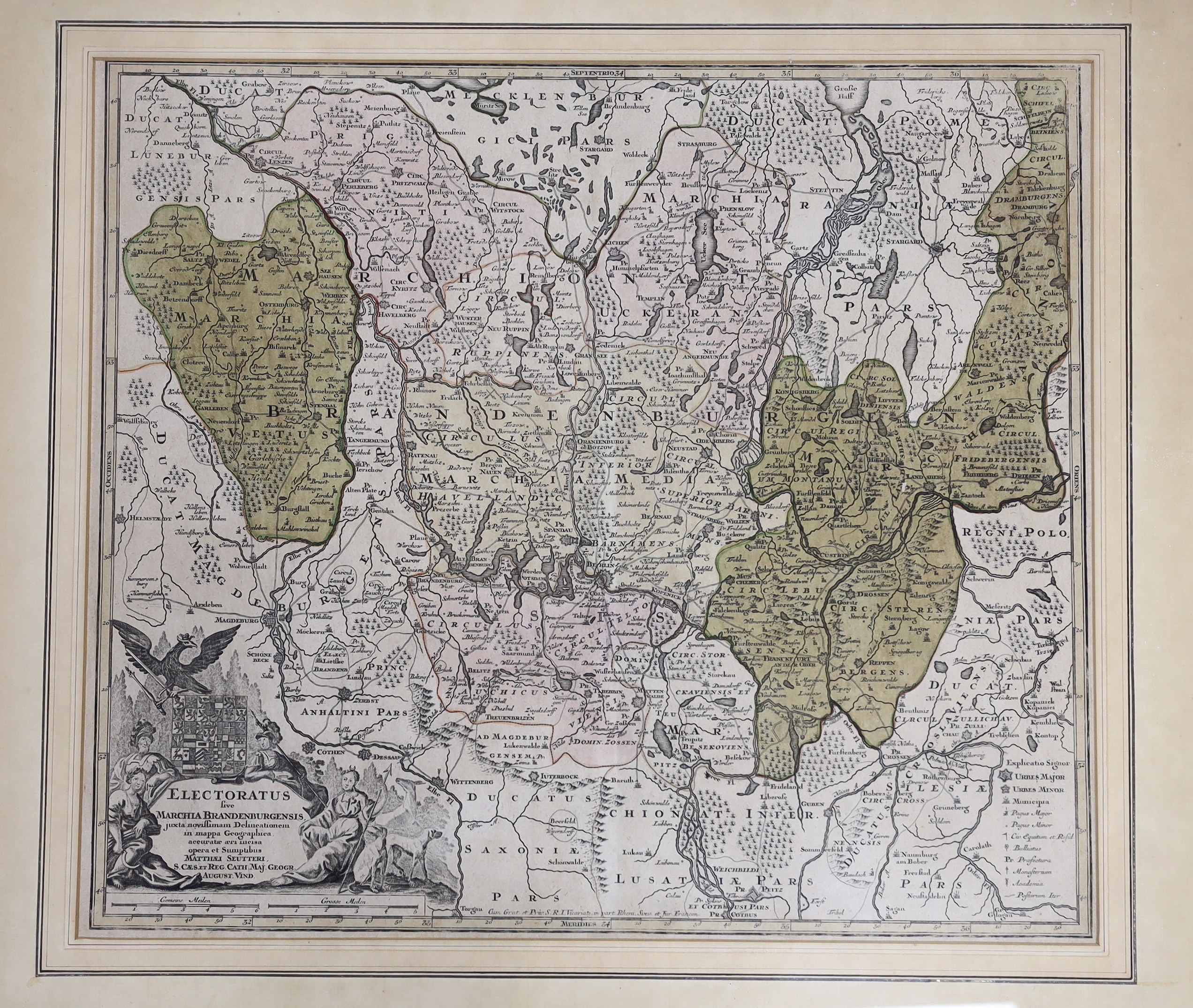 A framed hand coloured engraving, Map of Brandenburg, by Mattheus Seutter, c.1730, 57 x 50cm